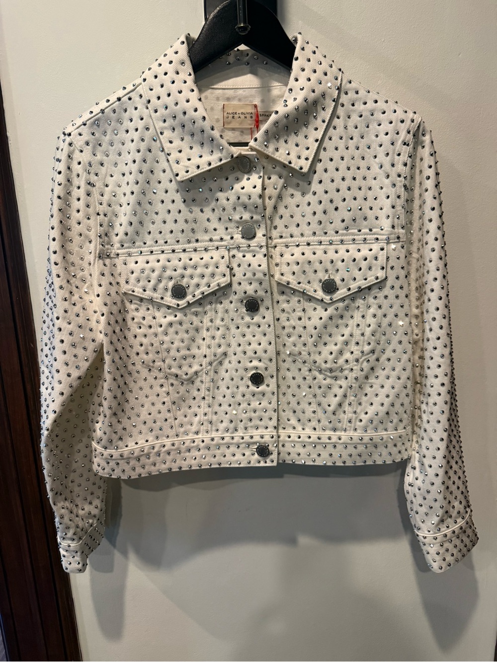 Alice + Olivia White Heatset Embellished Cropped Jean Jacket